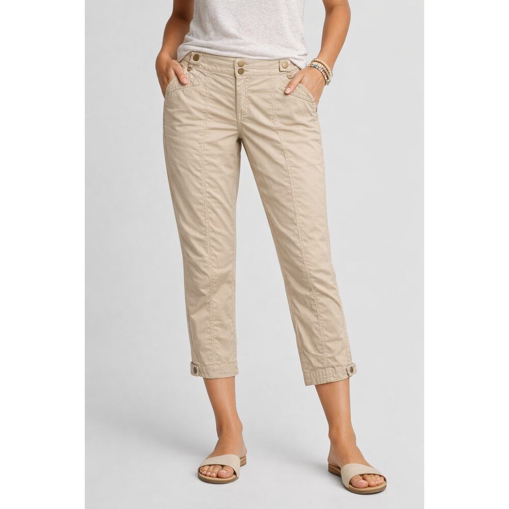 Cache Self Belt Crop Pant Beige Rhinestones Stud Bottom Cuff 3.5" Vent NWT $98